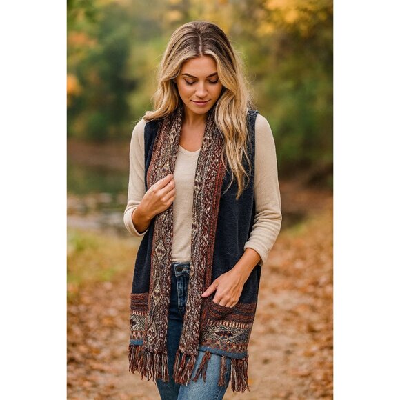 New Directions Knit Fringe Cardigan Vest Small Boho Aztec Sweater Wrap Fringe - Picture 1 of 7